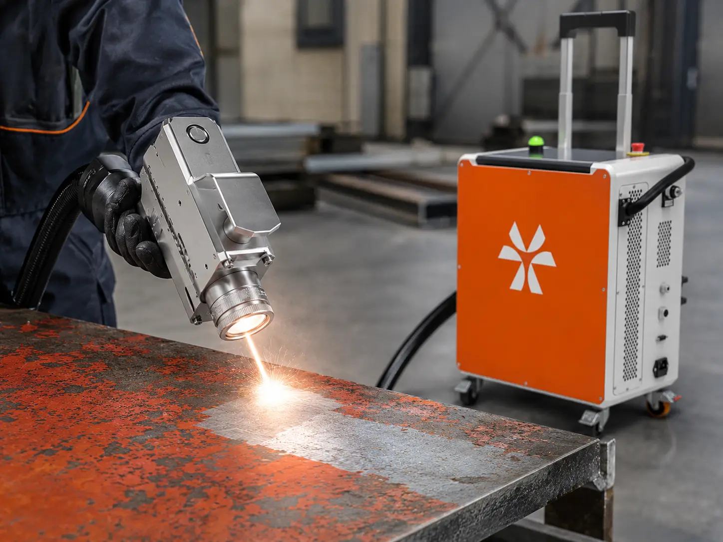 Décapage laser de la rouille sur une plaque d'acier : la zone traitée retrouve le métal nu