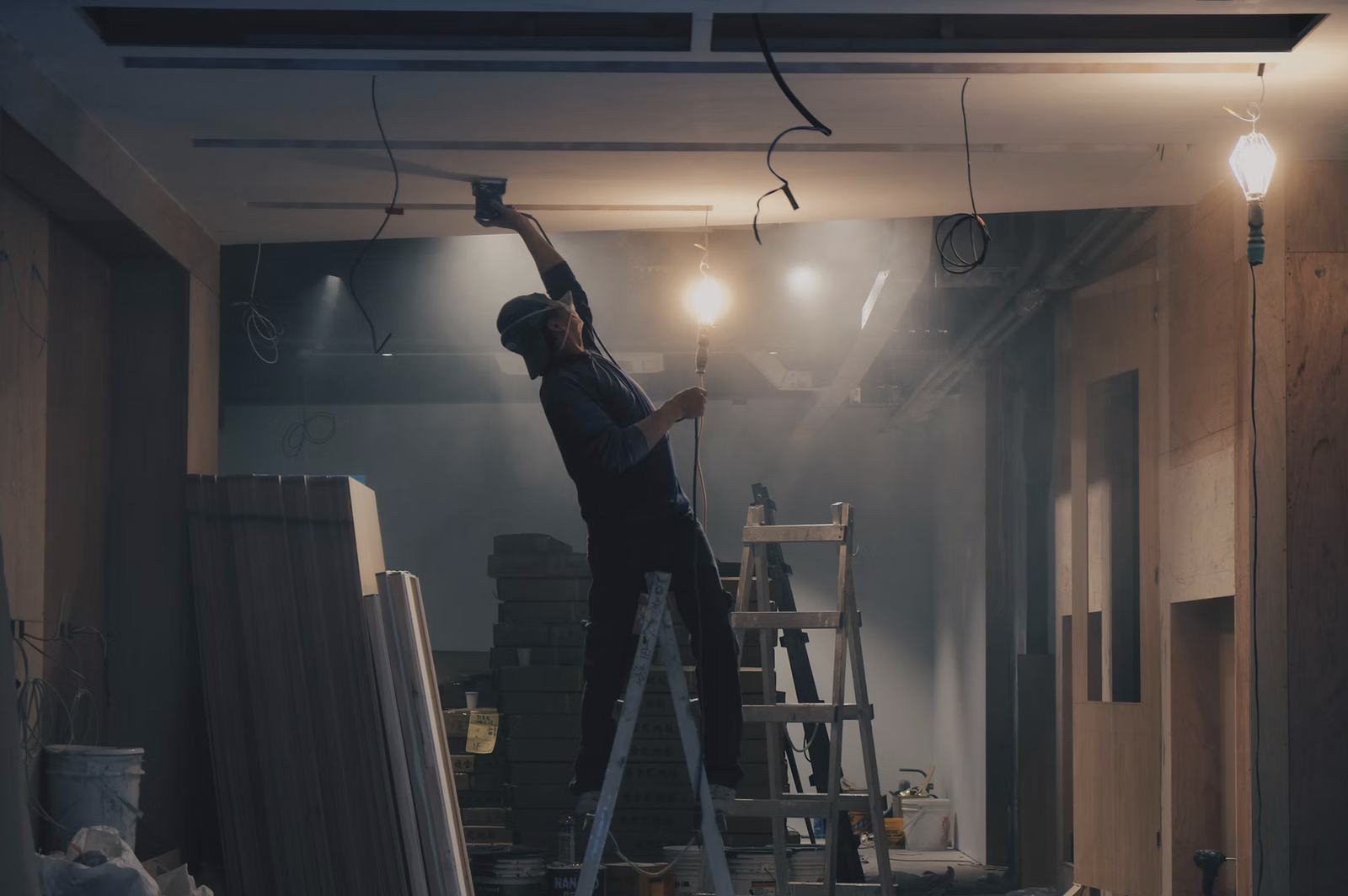 Ponçage d'un plafond pendant une rénovation intérieure